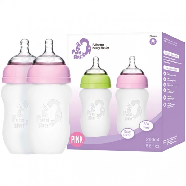 Putti Atti Silicone Baby Bottle Twin Pink 260ml